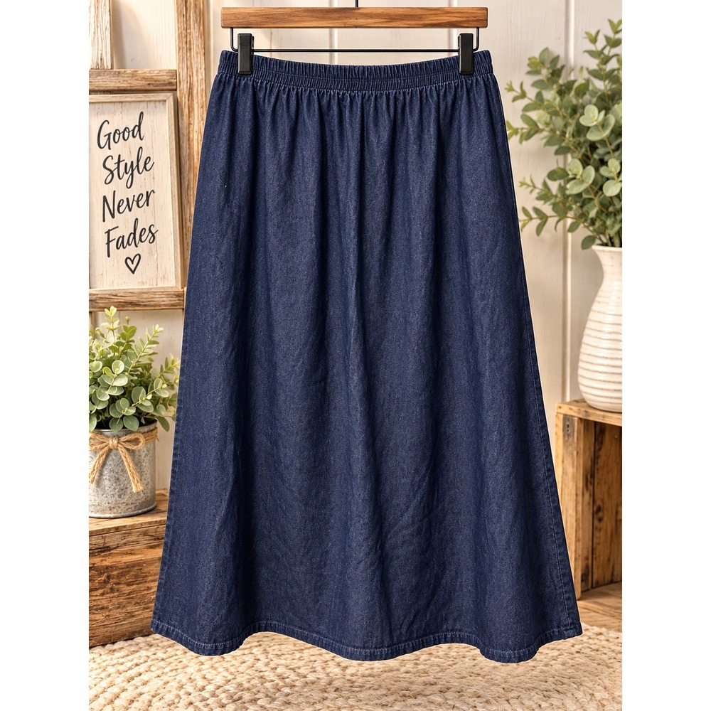 Village Fair Vintage Denim Midi Skirt Dark Wash Elastic Waist Cotton Blue Medium
